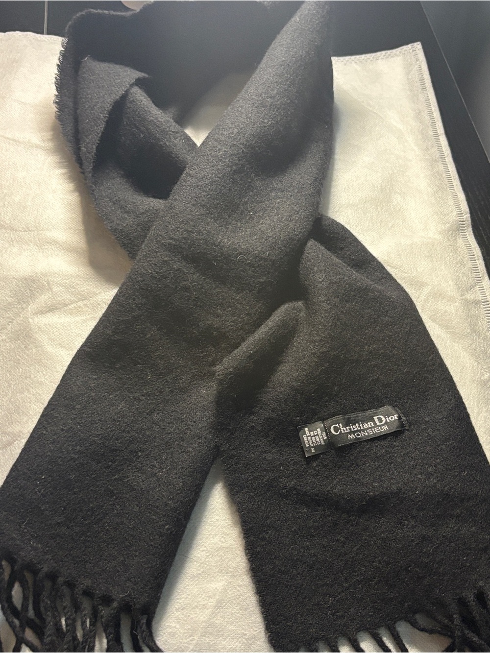 Dior  Black Fringe Wool Scarf with Christian Dior Tag